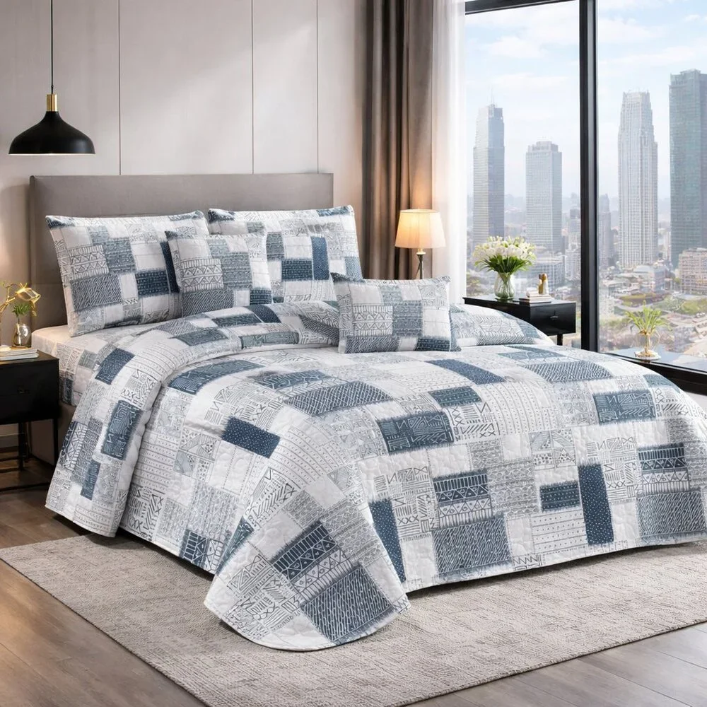 Gray Geometric Quilt Set 3PC Warm Quilted Bedding Queen King Tribal Pattern